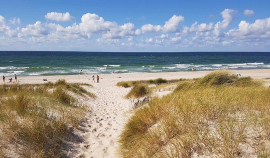 Sandweg durch die Dünen zum Strand mit Menschen am Wasser bei Wenningstedt auf Sylt
